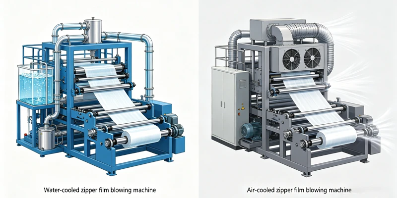 Side-by-side comparison of water-cooled and air-cooled zipper film blowing machines in operation